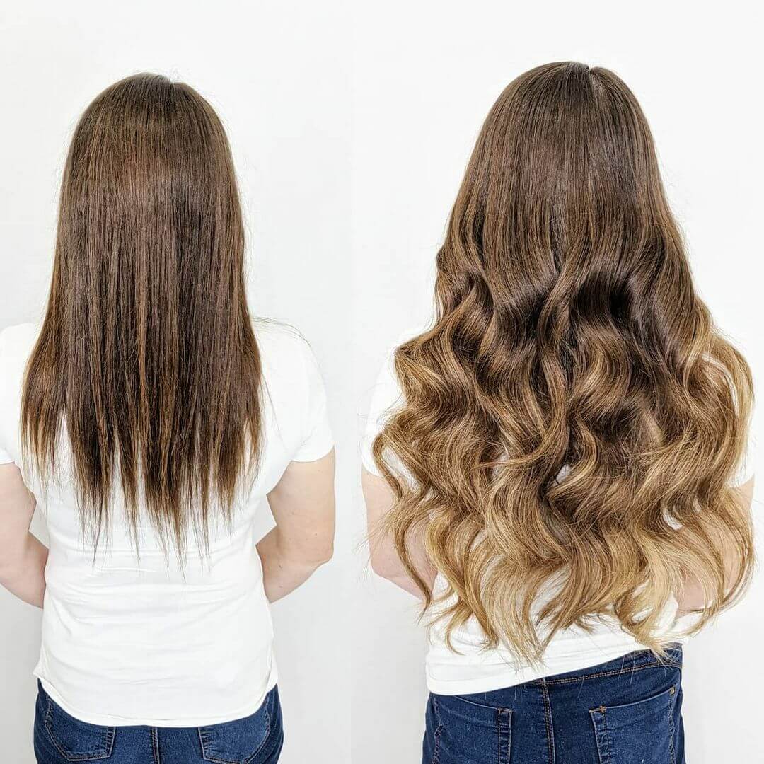 Luxury hair extensions transformation before and after.